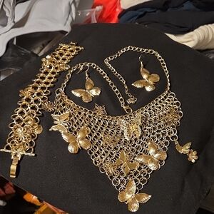 Gold Butterfly Statement Necklace and Earring Set